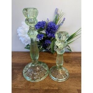 Vintage Green Glass Candlestick‎ Holders Pair Pressed Glass Tall Short Retro MCM